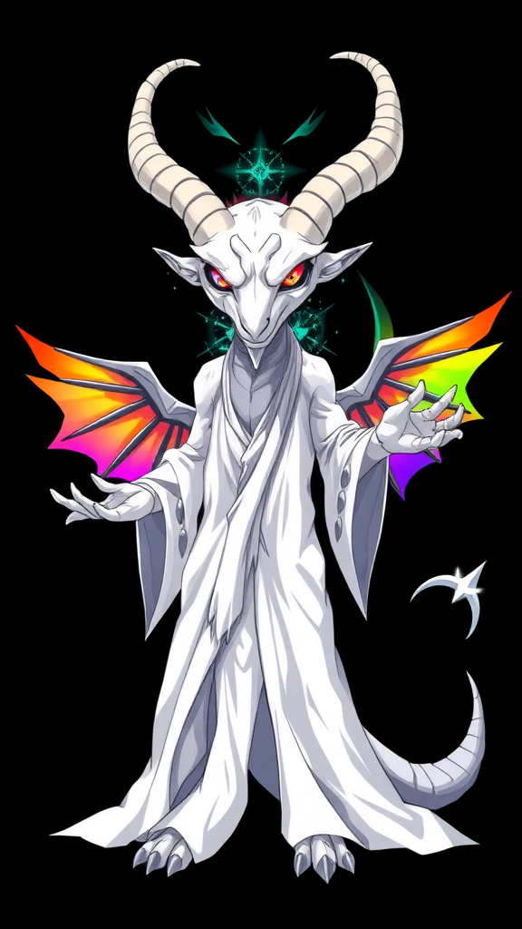 (Anime-styled art), image set against a black background features a tall, white wrathful angry reptilian humanoid resembling a goat, adorned with two elegant white horns. Its mesmerizing rainbow eyes shine with intensity, while it wears flowing white robes. A vibrant, chaotic aura radiates around its entire form, and it stands with outstretched hands, showcasing three magnificent rainbow-hued angelic wings that embody a sense of chaos and beauty, looking at viewer