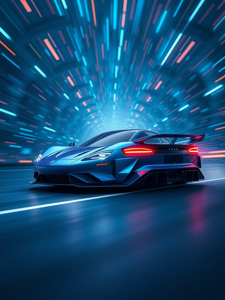 Make a realistic 3D rendering of an electric car racing in cyberspace. Make the background cyber-like and the electric sparks give off a sense of speed. Make the overall color dark blue.