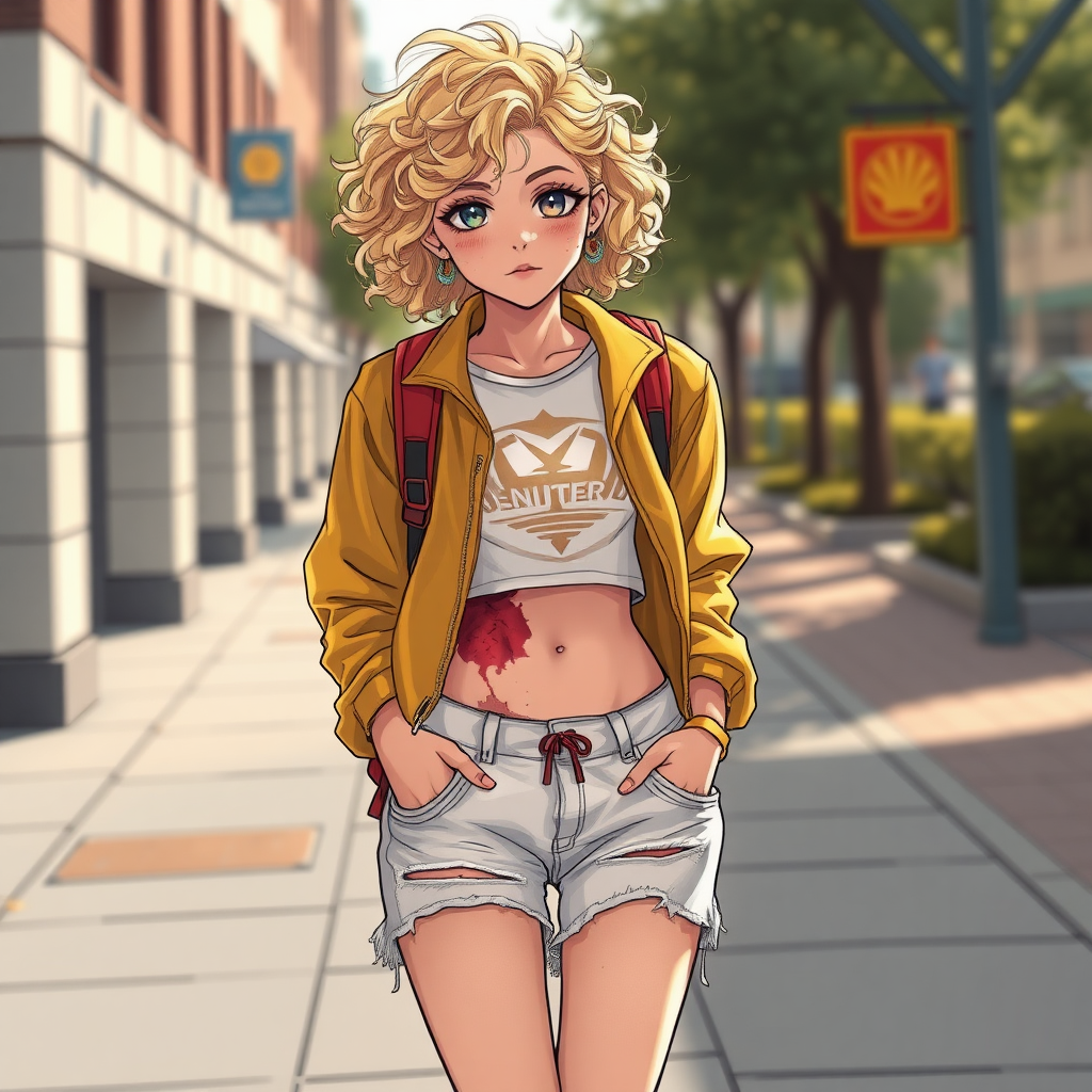 Realistic drawing style image, Extremely good quality 8k resolution drawn manga image of a 15 year old petite and short tomboy girl with golden blonde curly hair with mixed and different colored eyes for each eye and moles on her entire body and is a white American girl, Has on a Gold Jacket over a white extremely short crop top only covering her breasts and nothing more with a design on it, and has on ripped shorts and cool looking sneakers and a deep and big knife cut wound on her stomach from a huge injury she had, with a bright color backpack, ear piercings on, walking on the street to school in the morning with the beautiful sunlight lighting up her body beautifully with no tattoos.