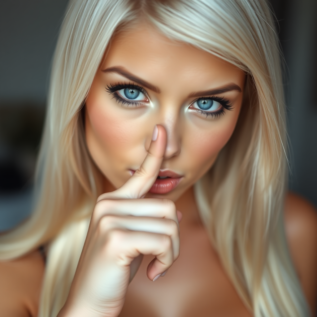 a young woman is holding her finger to her lips, looking at viewer, blue eyes, blonde hair, solo focus, blurry, lips, eyelashes, blurry background, close-up, realistic. bleached blonde, black eyeliner, very large eyes, tanned skin. Very long straight hair. cleavage. quiet sign with her finger over her mouth. Exaggerated long eyelashes.