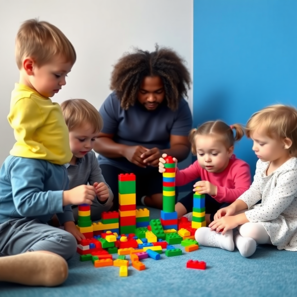 A group of 5 children, short, tall, fat, black, fair, playing with toy building blocks, age 10, and the room in which they are playing should have blue-colored walls.