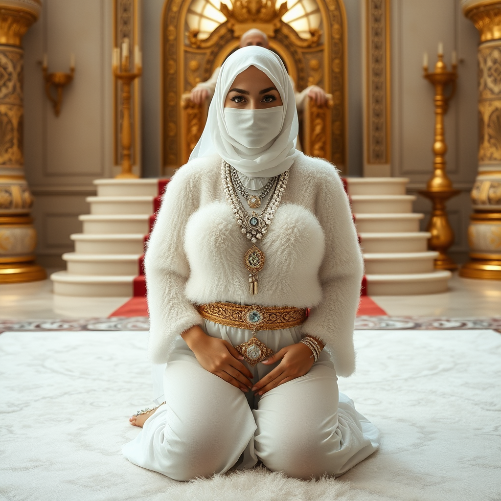 Kuwait desert palace throne room, throne raised on stair head, old overweight mighty sheik sitting on throne. In front of stairs, kneeling on white fluffy carpet: Melissa, European 17 years old very convincing femboy “trophy-bimbo”, tamed servile docile, rather short, by hormones very curvaceous womanly figured, platinum blond short tight curls, heavily made-up eyes, wearing Supertanya-style fluffy very fuzzy bright white angora turtleneck-poncho cropped ending under bust decorated with pearls and gemstones, striking oriental wide gold bridal protection belt, white fully transparent harem pants, full Oriental bridal jewelry, face covered by white sheer full Burka, coin anklets, striking diamond “$$$” letter brooch on left chest, pout frustrated, hands tied behind back, looking at camera. Focus on face and turtleneck-poncho.