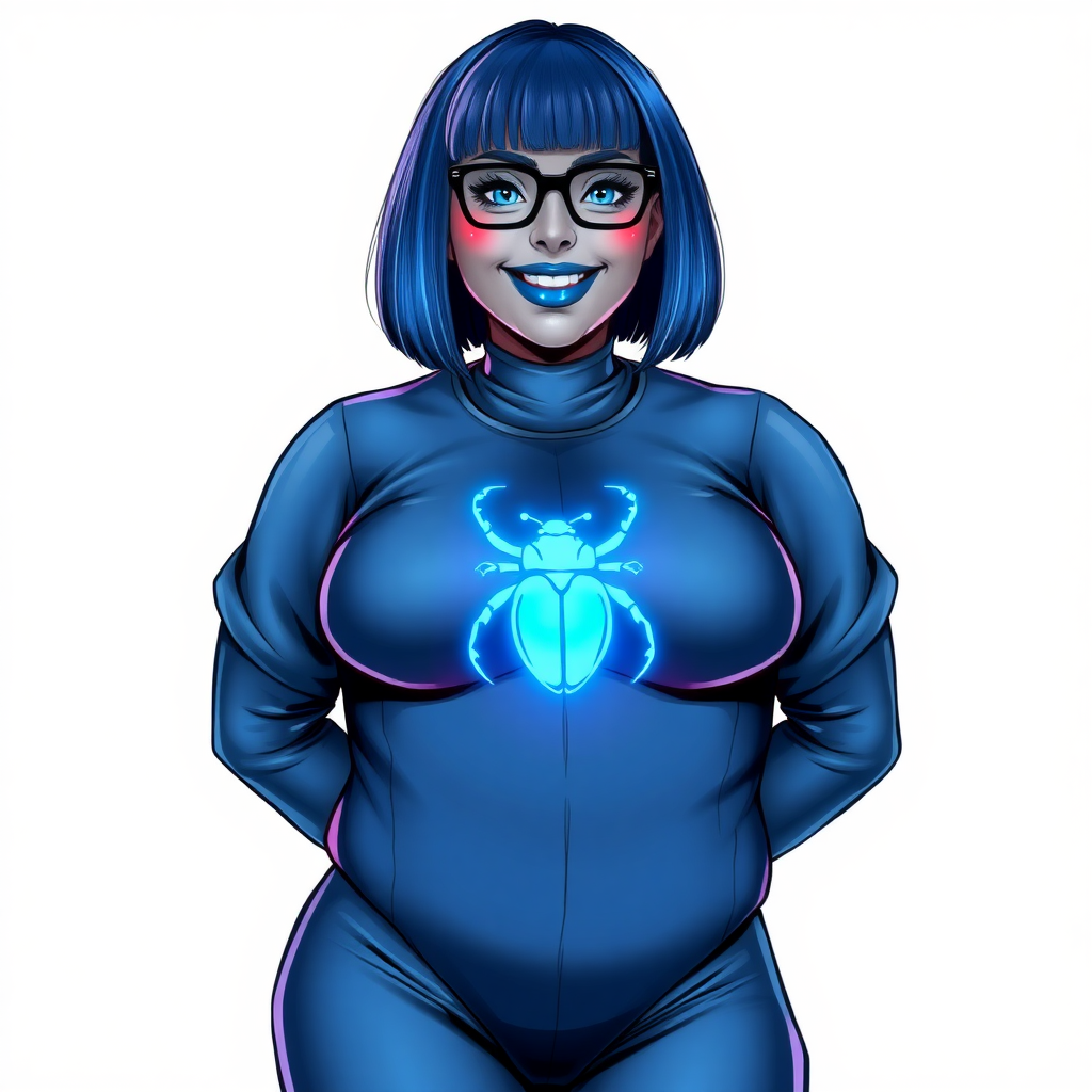 A 28-year-old, full-figured, middle gray metal skinned computer program-human hybrid with a maximum blue bob cut. She is the digital sidekick, computer hacker, and nerdy girlfriend of her cyberpunk vigilante boyfriend. Her middle gray metallic skin, distinct from any other character, highlights her digital nature. She wears maximum blue lipstick and has bright blue eyes. Her outfit includes an oversized, loose fitting, digital, maximum blue bodysuit (accentuating her non-athletic figure) with a neon blue glowing chest icon of a beetle on its chest and black gloves. Black eyeglasses accentuate her nerdiness, and she has a lovestruck smile with neon red blush. Her non-athletic full figure consists of a prominent, gargantuan, round midsection (with the full emphasis on her round gargantuan belly), gigantic limbs, and broad shoulders, reflects the doting care of her vigilante boyfriend. She has a bashful pose with her hands behind her back on a solid white background. She is drawn as if she was in a retro 2D cyberpunk fighting game. Ensure her bodysuit covers all her bare skin (especially her prominent round gargantuan belly). Her oversized bodysuit is influenced by Watchmen's Silk Spectre II but remains distinct. She is clearly non-athletic, with emphasis on her full-figured and pudgy physique.