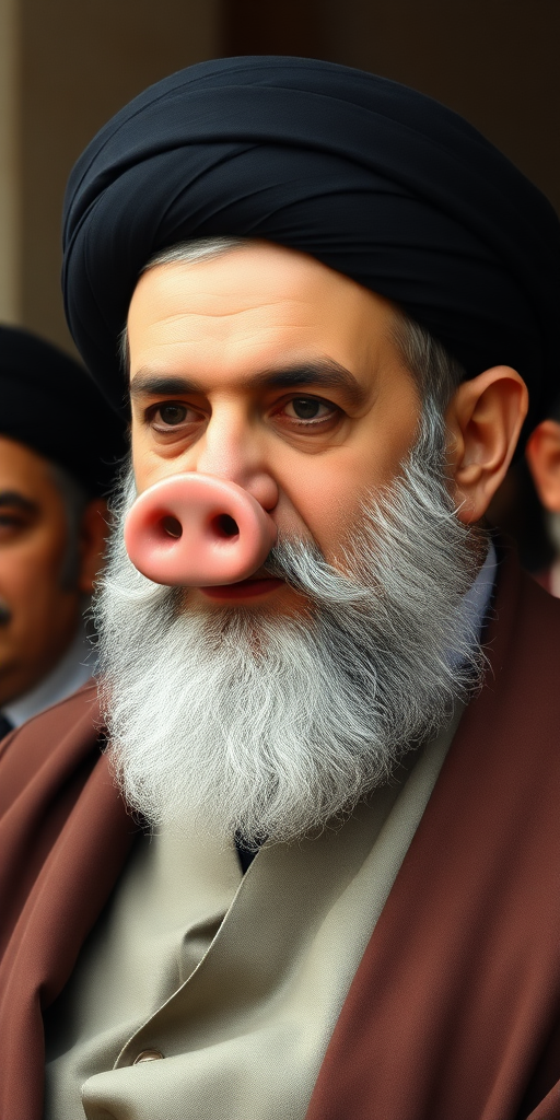 Ayatollah Khomeini with pig nose, pig ears.