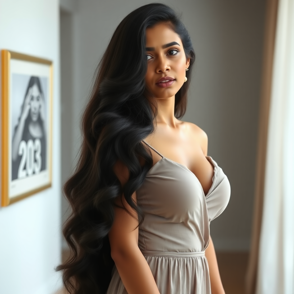 Pretty woman of Sinhalese ethnicity in her mid 20s with very long volumnized layered hair and huge breasts in a dress, full length shot in an indoor scene.