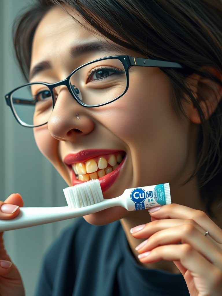 detailed, perfect proportion, high realism, real casual photo, japanese nerdy skinny woman with big nose, big mouth, big yellowish teeth, moles, big eyeglasses and medium hair, retarded, she is putting a toothpaste called "CUM" on her toothbrush