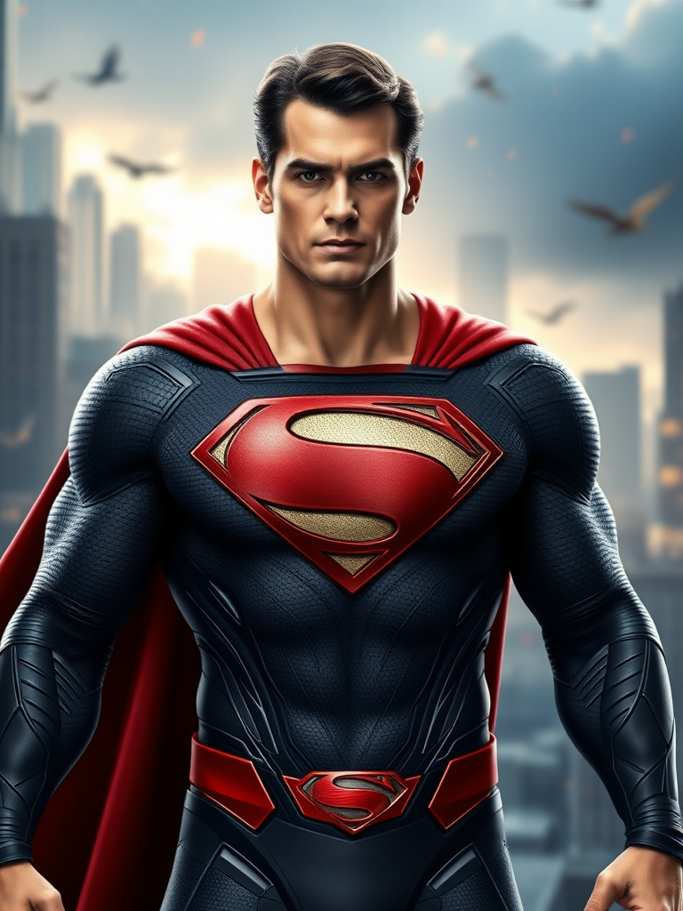 Generate a full-length rendered image of Superman, replacing his body with the female figure of Black Canary. Maintain Superman's head, hairstyle, and facial features. Integrate elements from Black Canary's costume into Superman's primary attire, adjusting the design to fit the new proportions. The background should reflect elements inspired by both Superman and Black Canary, blending their iconic settings. Ensure the image is cohesive and visually striking.