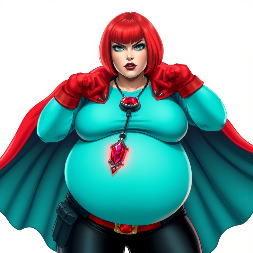 A 26-year-old, full-figured, magical girl vigilante detective becomes the heavily pampered mystical ally of her cyberpunk vigilante older brother figure. She has a bright red bob cut, black lipstick, and piercing bright blue eyes. She has a new non-athletic build, now highlighted by a prominent, round, gargantuan midsection (fully focused on her gargantuan belly), which shows the aftermath of her new pampered lifestyle. Despite her pampered physique, she shows full confidence. She wears a magical girl detective costume consisting of a gargantuan, magical, tight-fitting, maximum turquoise t-shirt (accentuating and emphasizing her gargantuan belly), maximum turquoise biker pants, complemented by a glowing neon red cape, a mystical ruby amulet (which is the source of her mystical powers), and magical red gloves glowing neon red. Her magical girl detective costume covers all her skin and emphasizes her full-figured physique (especially her gargantuan belly). Her stance is firm and resolute, arms crossed, exuding a no-nonsense attitude. Her costume reflects the influence of DC New 52 Prime Earth’s Phantom Lady, Jennifer Knight, while her pose embodies the moral ambiguity and determination reminiscent of DC’s Pax Americana’s The Question. She is on a solid white background. She is drawn as if she was in a retro 2D cyberpunk fighting game. She is clearly non-athletic, with a focus on her full-figured physique (especially her gargantuan belly). Make sure that her costume covers all of her bare skin (especially her gargantuan belly).