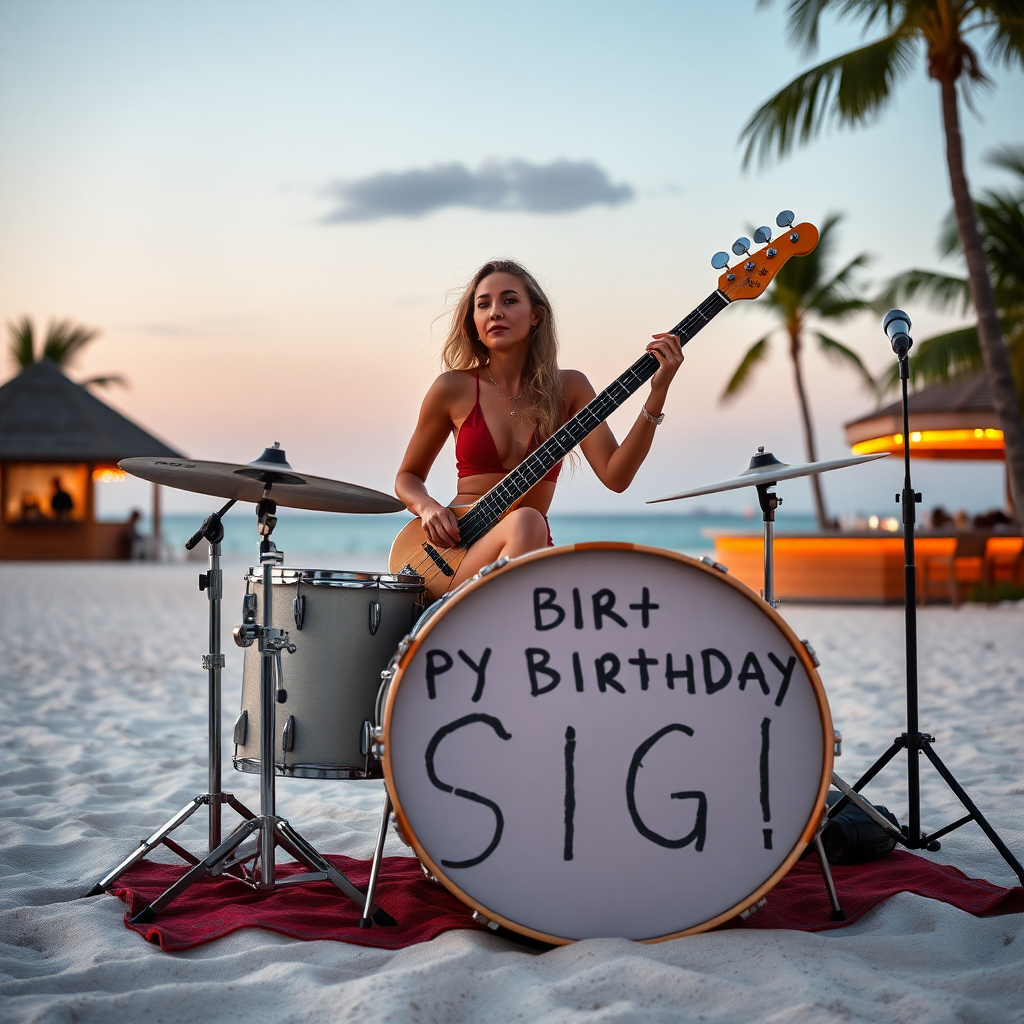 Lady sitting on Drumset with white bassdrum on beach with Palms and bar, bassdrum spelling the words "Happy Birthday Sigi"