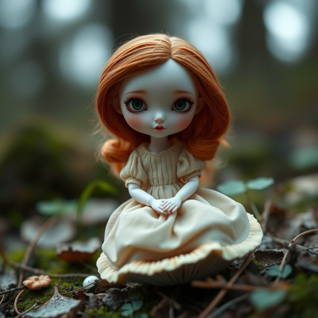 ooak art doll sitting on a amanita mushroom in nature, shy flirting with the camera, questioning look, bisque doll, artist doll, realistic doll, life-like porcelain doll, handmade, one of a kind, abstract, minimalist art, in focus, hyperfocal, bisque porcelain, Victorian dress, symmetric, sacred geometry, original, unique personality, dynamic, cinematic scene, centered, macroscopic photo, dept of field, low key lighting, preteen ginger girl, balanced colors, Alice in wonderland