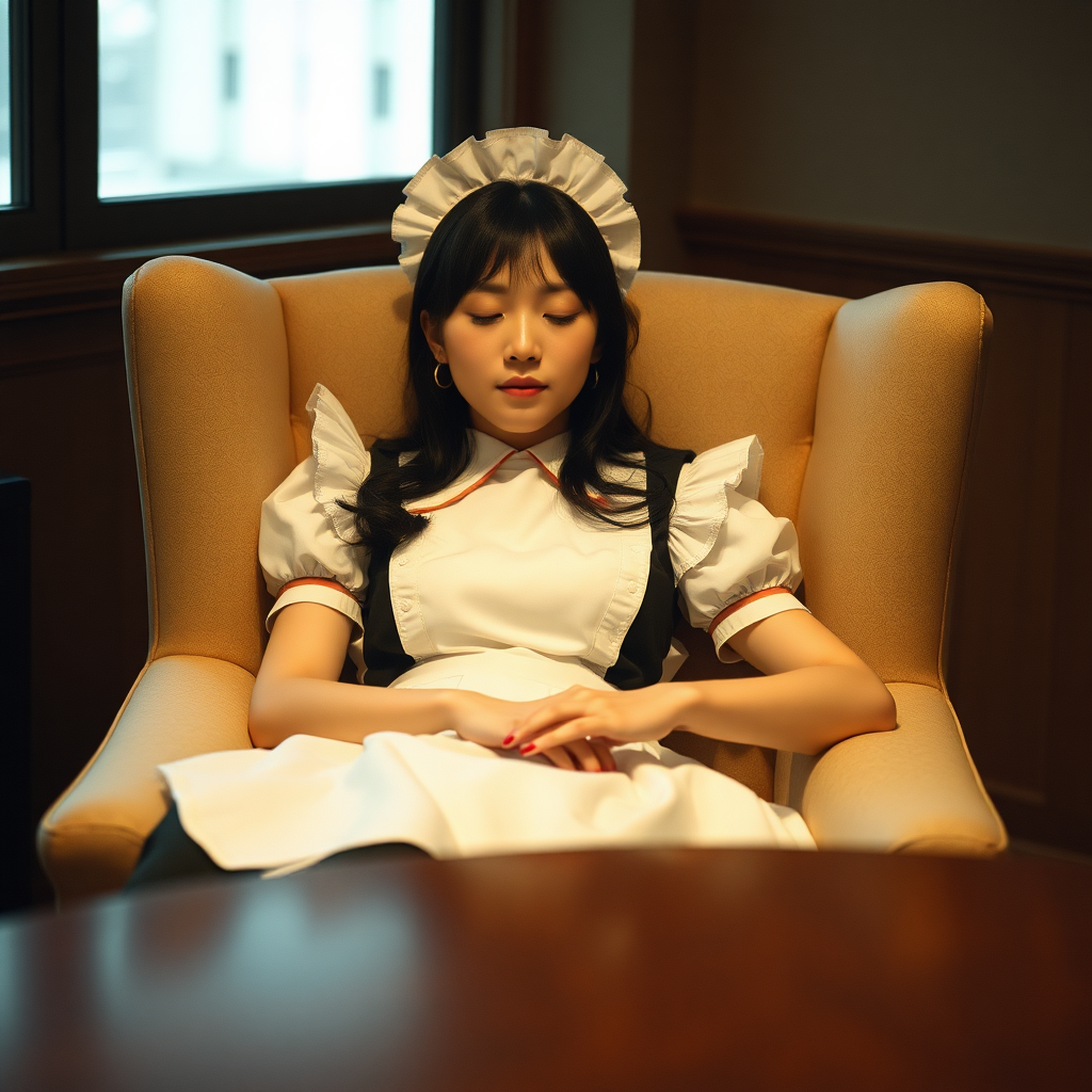 photo beautiful young woman Marina Hasegawa wearing maid outfit dozes in chair. table is in the foreground