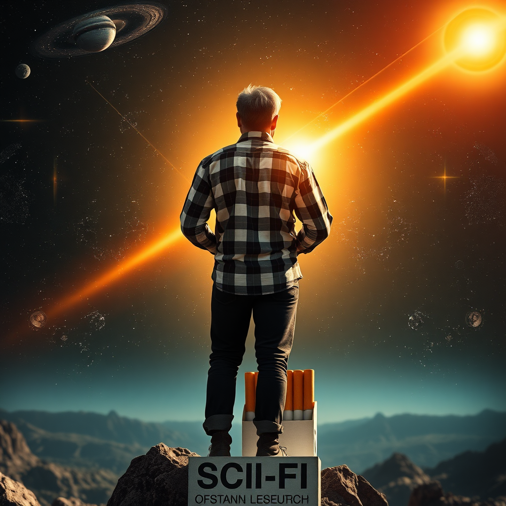 view from behind, a SCI-FI film poster, the man in plaid shirt(white and black) standing on pack of cigarettes that flies straight to the sun, universe, 4k, HDR