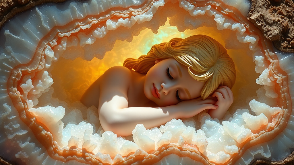 statue carved from opal of a 8 year old girl sleeping in a geode, high quality photo, intricate environment, ultra-detailed, impressionistic, dynamic composition, artistic photograph, geode, alabaster, fractal, brilliant colors, glittering, sunlight, illumination, transparency, translucent, opal