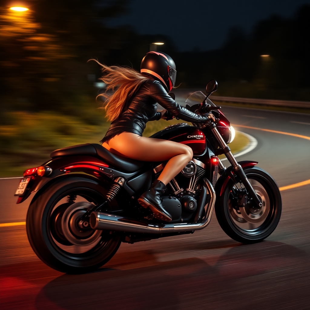 A sexy motorcycle rider in a leather cheerleader outfit races through the night. She leans into the curve at high speed. The motorcycle tilts at a 45° angle.