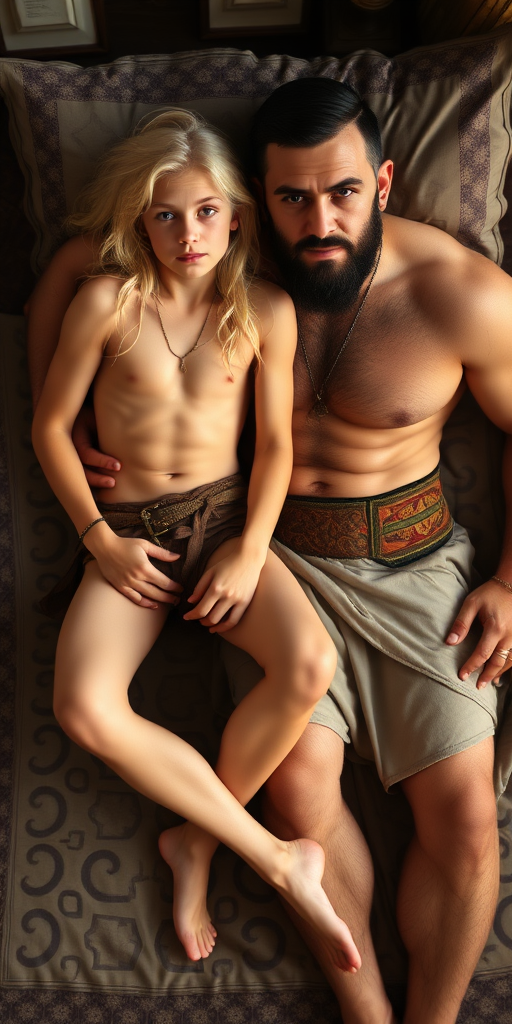 Osman Turk Sultanate. A skinny 14-year-old white teen boy, blond long hairs, long legs, bare thighs. With a giant strong muscular slightly bearded young adult Turkish man. The man is close to the boy. On harem bed. Full length view from above.