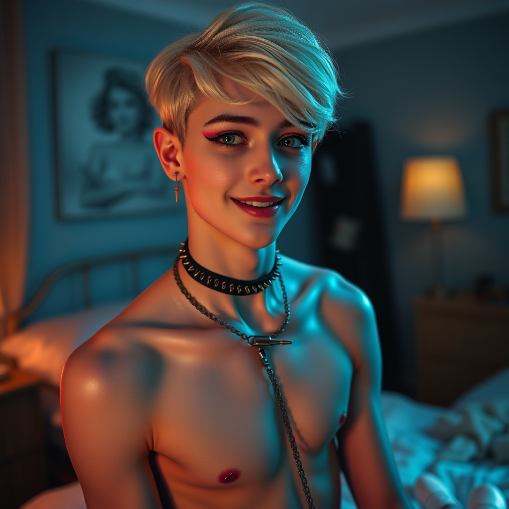 photorealistic, ultra high resolution, 16K, surreal fantasy, studio lighting, a pretty 14 year old goth male, slim male physique, short blonde hair, goth makeup, earrings, glossy purple pantyhose, white ballet shoes, spikey neck collar and leash, in the bedroom, excited smile, facing the camera.