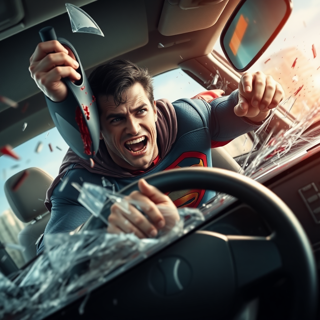 Superhero in crashing car, with tortured face as impact propels superhero over steering wheel and through windshield of car and out over hood of car. Blood and glass flying. Mask being torn from his face by glass of windshield.