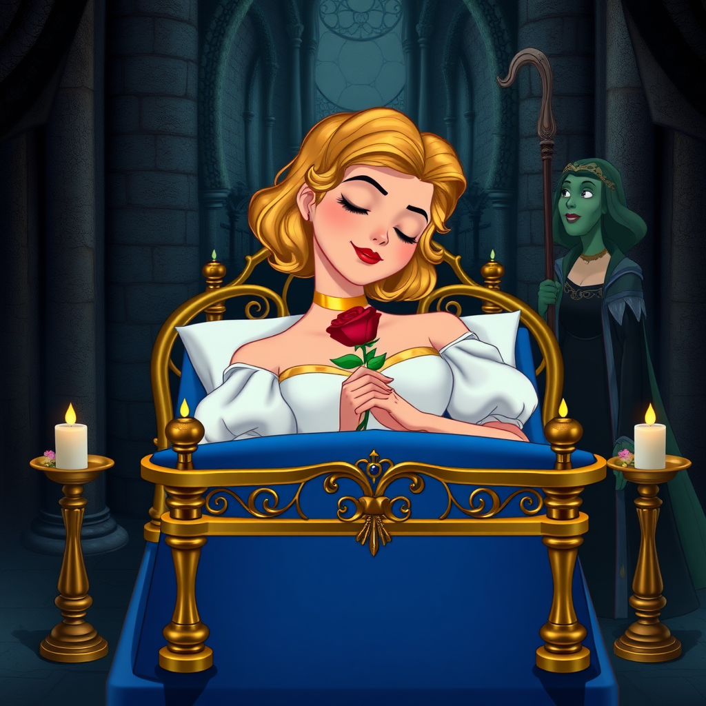 Disney film still funeral scene of a 19 year old thin, sweet youthful alluring feminine prince with short wavy golden hair with curls, rose blush highlighting contour with a hint of red, red lipstick, hooded eyes with long eyelashes. Wearing a gold choker, a white off shoulder dress puff sleeves with a gold neckline shaped into a u shape. In a gothic castle tower, sleeps on a glass encased golden funeral bier with a blue medieval bed eyes closed holding a rose, with her head resting on a double pillow, with candles and flowers on each post, in the centre of the room as a staff wielding green 38 year old queen wearing a black off shoulder enters the room.