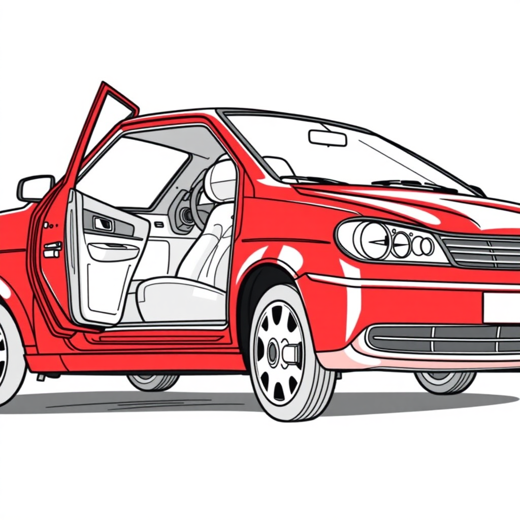 red vw polo II car, driver's door wide open, long establishing shot, 2D, caricature, cartoon, Sketch lines, coloring book, coloring book style on white background, well composed, clean coloring book page, No dither, no gradient, strong outline, No fill, No solids, vector illustration, realistic proportions, blueprint, left side view