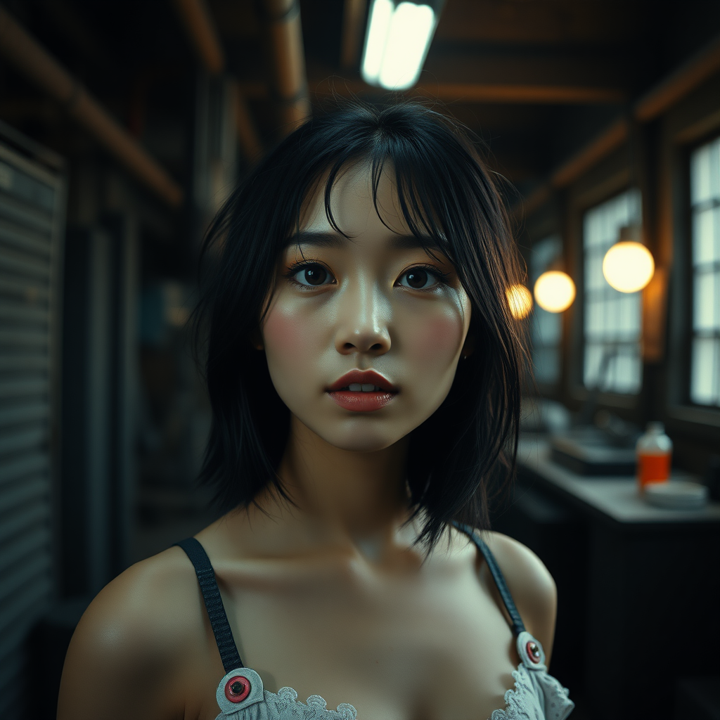 A very surreal Asian Girl in a dark old Factory