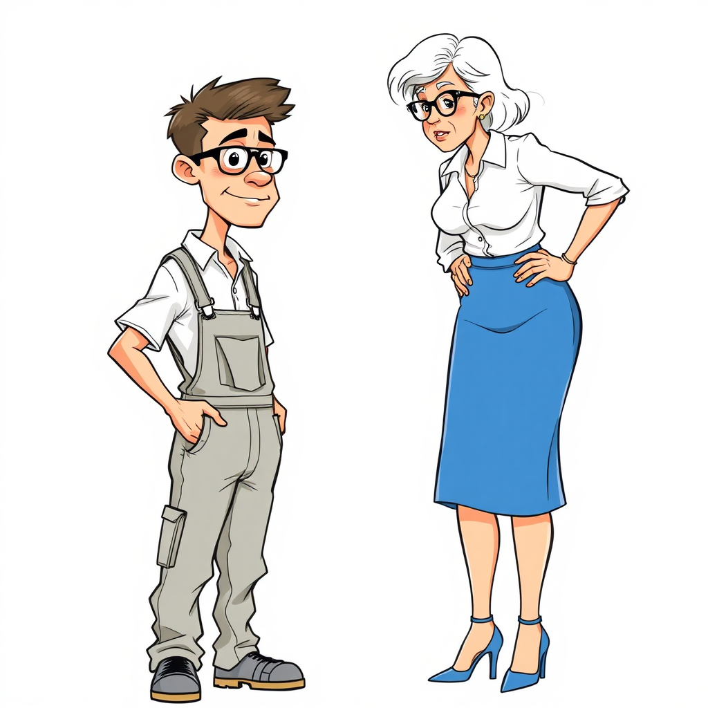 20 year old european skinny boy wearing work coveralls is blushing excited while lectured by a towering 55 Years old, slim, European, Latina, sharp aquiline nose, wrinkles, high cheekbones, Middle Eastern, Skinny, Tanned skin, Dark light skin, Rounded Medium breasts, Skinny thighs, full Makeup, jewelry, Serious face, Sharp nose, Ash hair, short bowl haircut, Brown eye color, Glasses, with detailed features. Hands on hips, She is bent over the boy, she is wearing a white shirt and a blue skirt, detailed fabric. full body, high heels sandals, long establishing shot, 2D, caricature, cartoon, Sketch lines, coloring book, nlack and white, coloring book style on white background, well composed, clean coloring book page, No dither, no gradient, strong outline, No fill, No solids, vector illustration