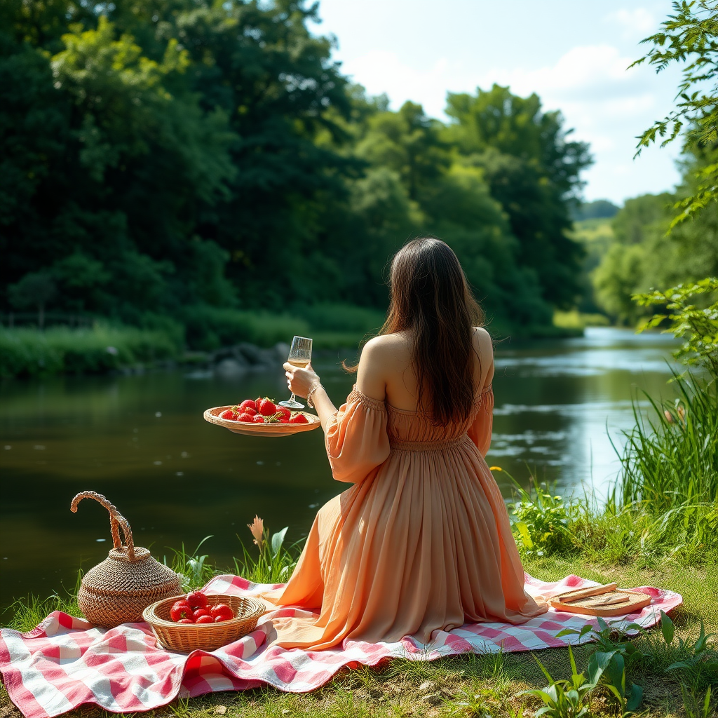 a woman by a river in a flowing dress, enjoying a picnic, realistic photo, facing the camera, soft natural lighting, lush greenery, serene atmosphere, high detail, vibrant colors, hyperrealistic, 8k resolution