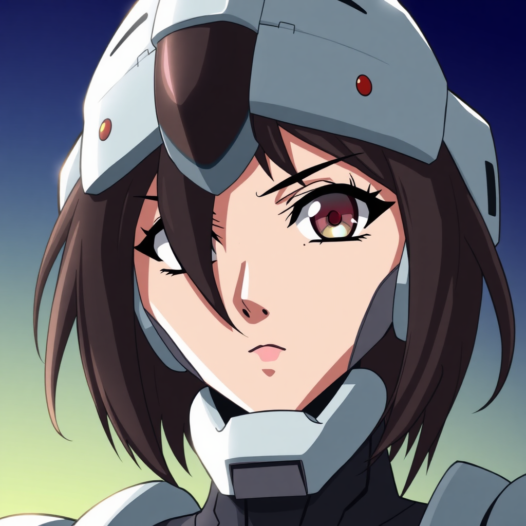 An anime portrait of an anime robot woman with an authoritative and confident gaze.