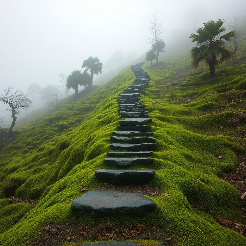 stepping stones leading up a hill that is overgrown in moss, trees, mist, raw photo, realistic, wide shot, asian landscape, realistic