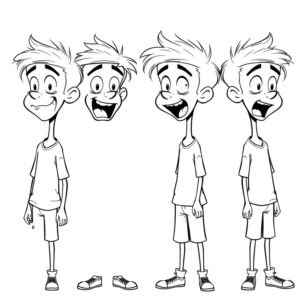 multiple views with progression, character design sheet, short, excited, smiling, amazed, open mouth, sweating, 15 year old european skinny boy, drooling, detailed features, long establishing shot, 2D, caricature, cartoon, Sketch lines, coloring book, coloring book style on white background, well composed, clean coloring book page, No dither, no gradient, strong outline, No fill, No solids, vector illustration, side view, vector illustration, empty space around each view, movement lines