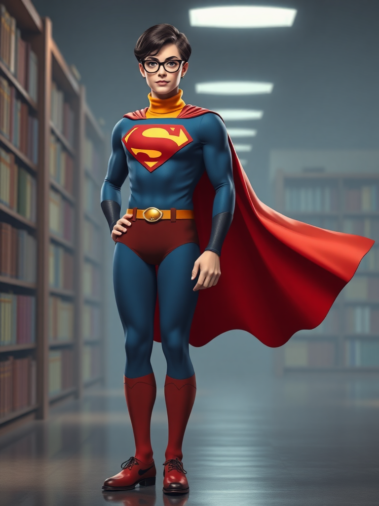 Generate a full-length image of a character: Superman with the body attributes of Velma Dinkley (same height, frame, and shape). Incorporate embellishments and elements from Velma's costume, such as her orange turtleneck, red skirt, and black-rimmed glasses. Superman's iconic elements should also be present, like the "S" symbol and cape. The background should reflect an appropriate setting for both characters, such as a library or crime scene with a touch of a superhero environment.