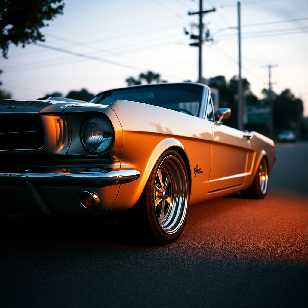 the car is parked on the side of the road, inspired by Taiyō Matsumoto, tumblr, restomod, nd4, c4 metallic shine classic american low rider ford mustang