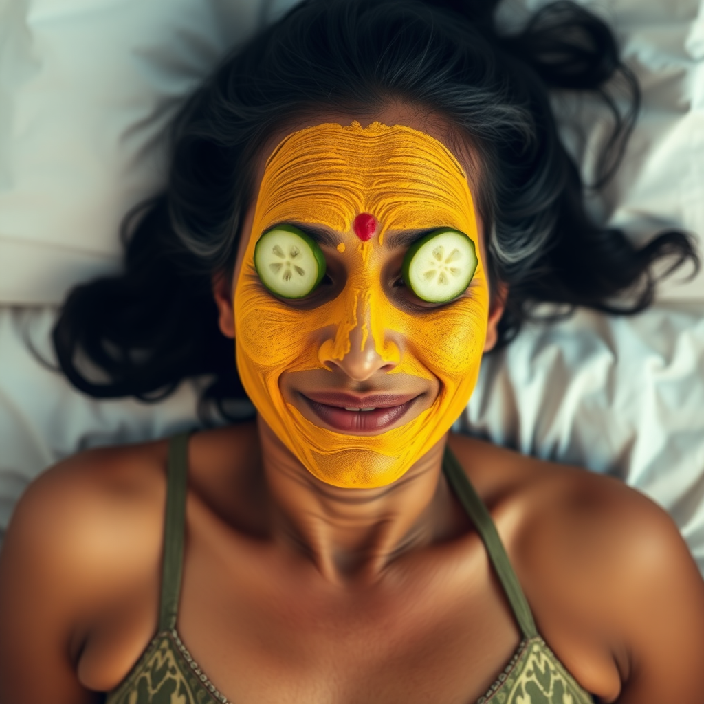 A skinny, traditional, 30-year-old Indian wife with hair covering, wearing a bra, lying on a bed. Her face is covered with turmeric face mask, and her eyes are covered with cucumber slices. She looks satisfied from her facial expression.