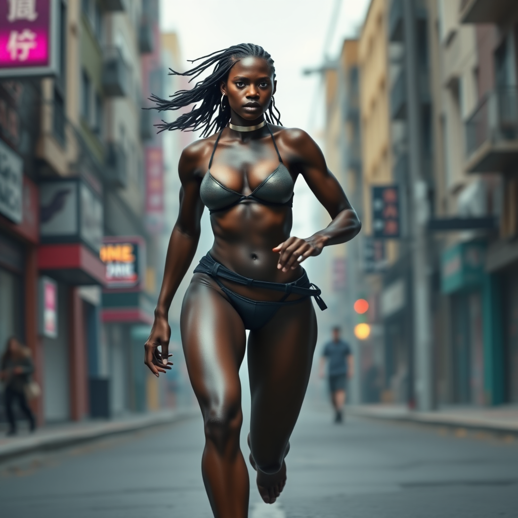 A tall black girl with big muscles, nearly naked, runs in a cyberpunk street.