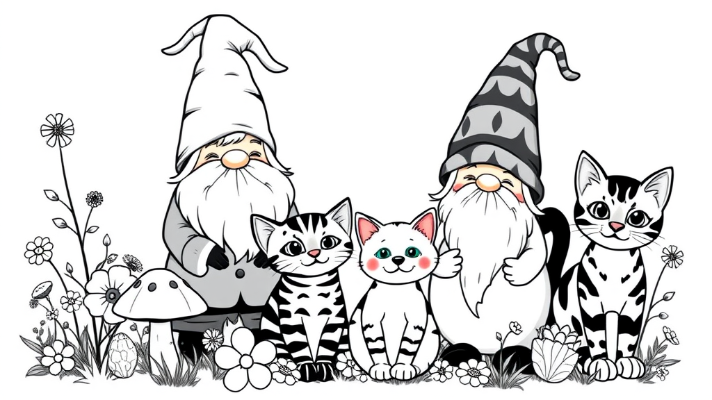 A happy Gnome family of 4 along with 2 Bengal cats. standing. Flowers and Mushrooms around

Black and White - no gradients or greys. Vector style, isolated on white