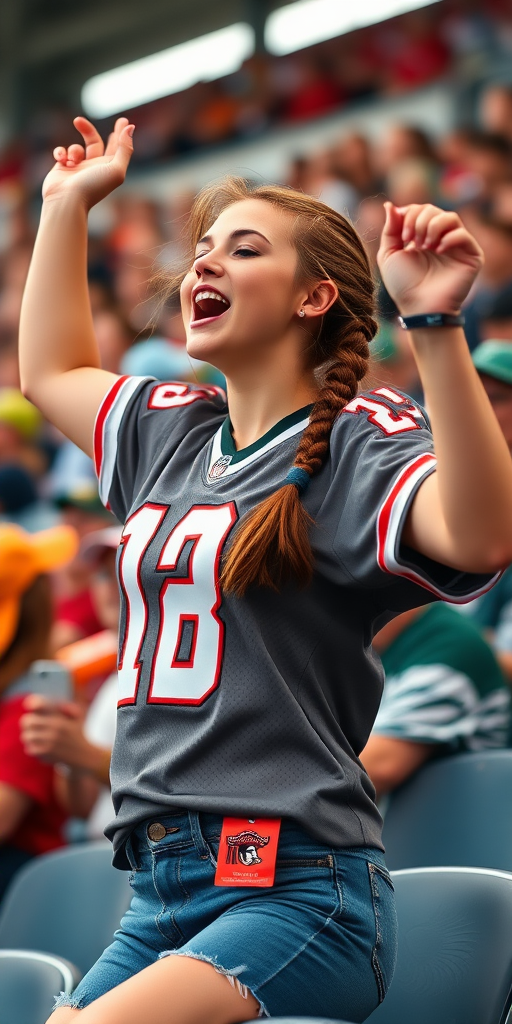 Attractive female NFL fangirl, pigtail hair, jersey, wildly cheering, in the bleacher crowd