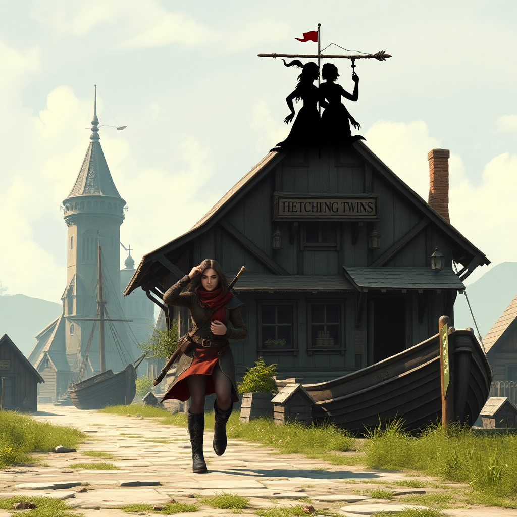 A wide distance shot of a female thief in a pastoral fantasy town. Mage tower in the background. She is fleeing from someone. Bar called "The Fetching Twins" sign (consisting of a silhouette of two women leaning together for a kiss). Village of Dryden, dock with a run down ship.