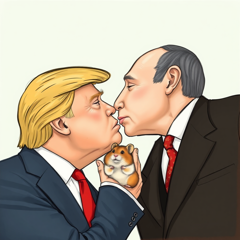 Donald Trump and Vladimir Putin kissing while a hamster watches