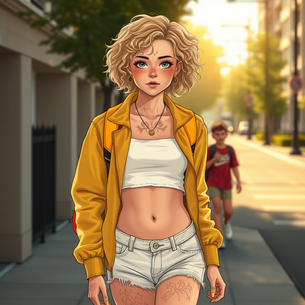 Ultra Realistic taken photo style image, Extremely good quality 8k resolution drawn manga image of a 15 year old petite and short tomboy girl with golden blonde curly hair with mixed and different colored eyes for each eye and moles on her entire body and is a white American girl, Has on a Gold Jacket over a white extremely short crop top only covering her breasts and nothing more with a design on it, and has on ripped shorts and cool looking sneakers and a deep and big cut type scar on her stomach from a huge injury she had, with a bright color backpack, ear piercings on, walking on the street to school in the morning with the beautiful sunlight lighting up her body beautifully.