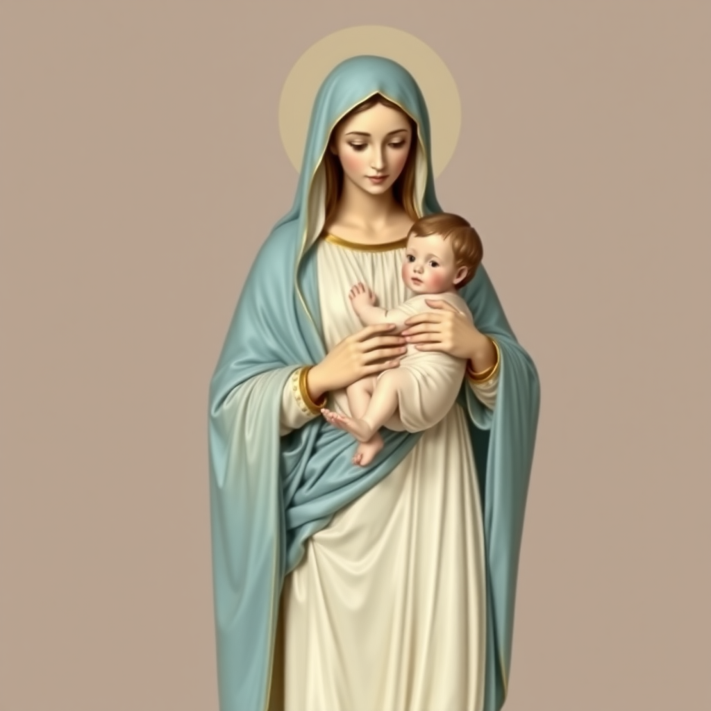 Beautiful Madonna dressed in light blue and white in a long dress, holding the child Jesus in her arms.