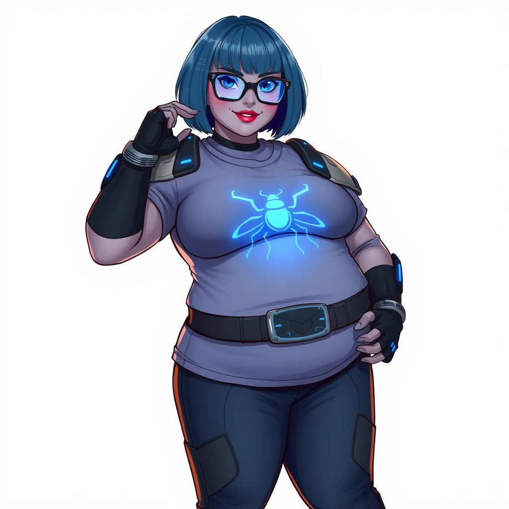 A 28-year-old, full-figured, metallic middle gray skinned, computer program hybrid with a maximum blue bob cut. She has a non-athletic, full-figured build, highlighted by a prominent, round, large midsection (with heavy emphasis on her belly). As the full-figured, nerdy, digital sidekick to her cyberpunk vigilante boyfriend, her metallic middle gray skin and maximum blue lipstick emphasize her digital nature. She wears a digital, computerized costume inspired by DC’s Carrie Kelly Robin, consisting of a huge, tight-fitting, maximum blue t-shirt with a neon blue glowing beetle chest icon, hi-tech shoulder pads with neon blue accents, a black hi-tech belt with a digital neon blue glowing buckle, digital maximum blue pants with neon blue accents, and black hi-tech gloves with neon blue glowing accents. Her bright blue eyes, black eyeglasses with neon blue glowing lenses with a built-in HUD, and shy smile with neon red blush accentuate her nerdiness. She stands bashfully with one hand behind her back and the other hand gently touching her cheek, her costume covering all her skin and emphasizing her full-figured physique (especially her belly). She is clearly non-athletic, with a heavy focus on her large belly. Despite her build, she radiates beauty. She has a slim face compared to her physique, accentuating her radiant beauty. She is on a solid white background. She is drawn as if she were in a retro 2D cyberpunk fighting game.