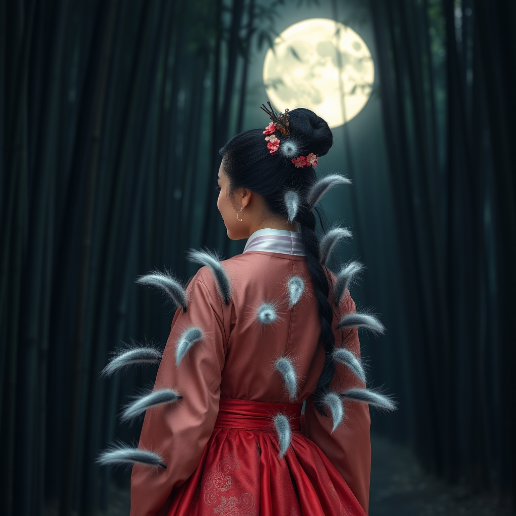 A Korean Woman in an ancient Hanbok with nine silver foxtails that comes of her ass, in front the full moon in a bamboo forest