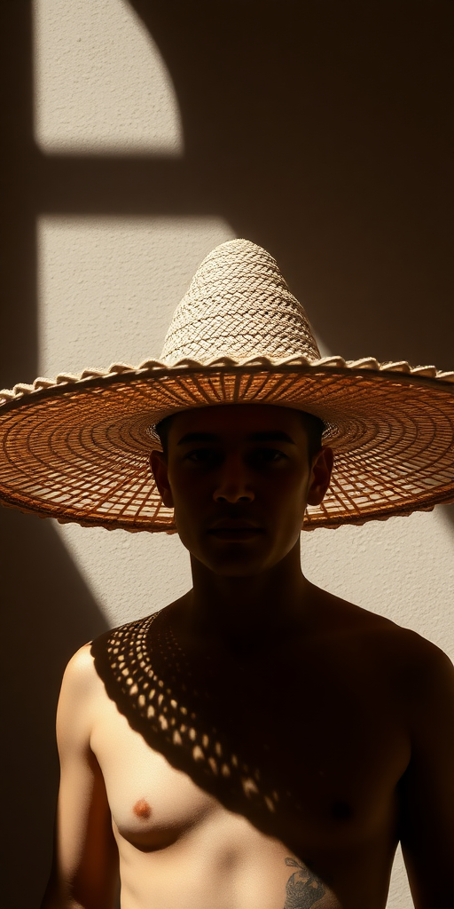 A large sombrero hat providing a shadowy cover over the head and body.