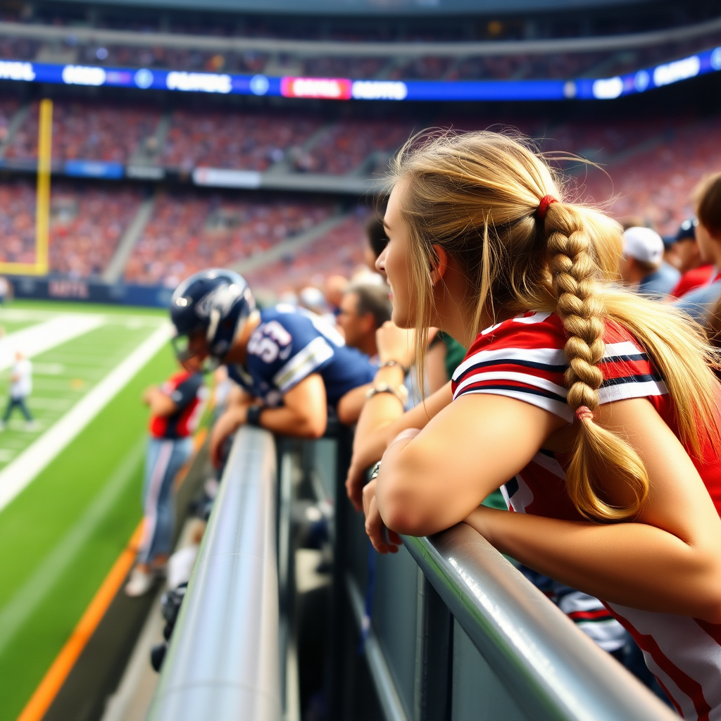 Attractive female NFL fan, pigtail hair, leaning forward over front row stadium barriers, fangirling over an NFL player