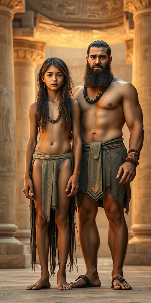 photorealistic, ultra high resolution, 16K. Ancient Babylonians. A skinny 14-years-old teen boy, very long hairs, long legs, bare thighs. With a giant strong muscular slightly bearded young adult man. In ancient temple. Full length view.