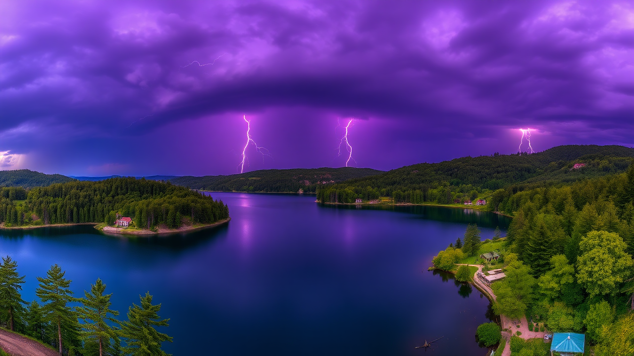 photo, lakes, nature, purple sky, lightning