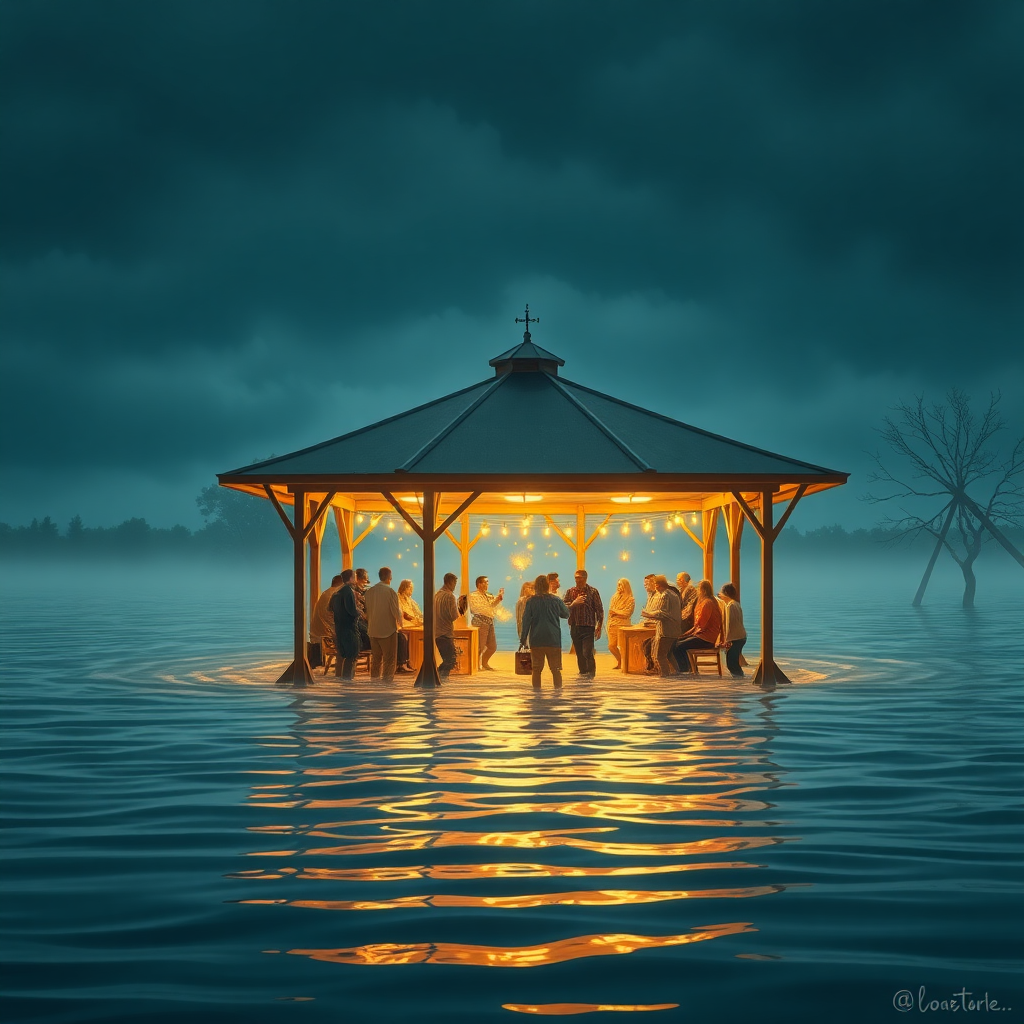 Create an image of a pavilion in a flooded environment and people comically partying on it drinking beer while the world is going to shit.