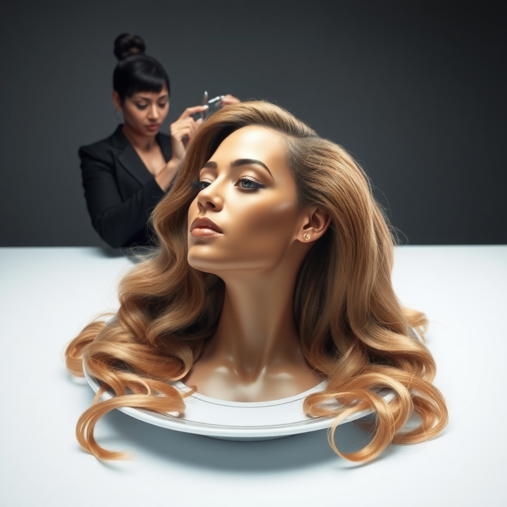 In a surreal and provocative scene, a beautifully tethered, disembodied head of Beyoncé rests gracefully on an elegant porcelain plate, her long, luxurious hair cascading like a waterfall of silky strands around the edges, creating a striking contrast against the stark, muted gray background. The sheen of her skin glows softly, exuding an air of ethereal beauty, while her chin rests delicately on the plate, poised and serene. Behind her, a skilled hairdresser, clad in chic black attire, stands with a focused expression, gently teasing and arranging her magnificent hair with nimble fingers, creating intricate patterns that defy gravity. The atmosphere is oddly intimate yet surreal, blending an appreciation of beauty with an unsettling twist, as soft light casts subtle shadows, enhancing the textures of both hair and porcelain. The air is filled with a quiet stillness, broken only by the subtle sound of the hairdresser’s scissors snipping rhythmically and the faint fragrance of hair products mingling with the cool air, heightening the unusual but captivating atmosphere of the scene.