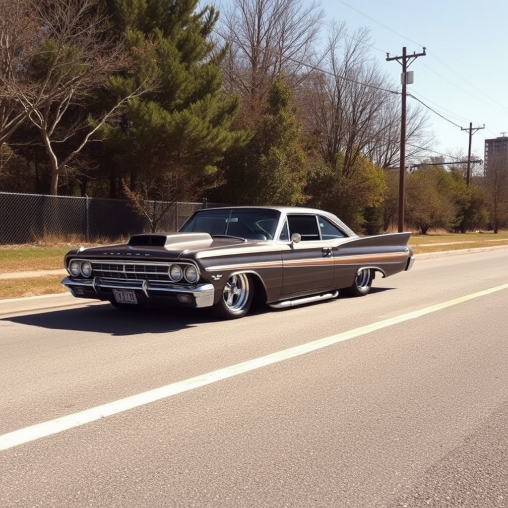 the drag car is parked on the side of the road, inspired by Taiyō Matsumoto, tumblr, restomod, nd4, c4 metallic shine classic american low rider ford