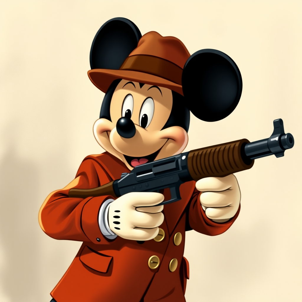 Mickey Mouse as a 1940s gangster with a Tommy Gun