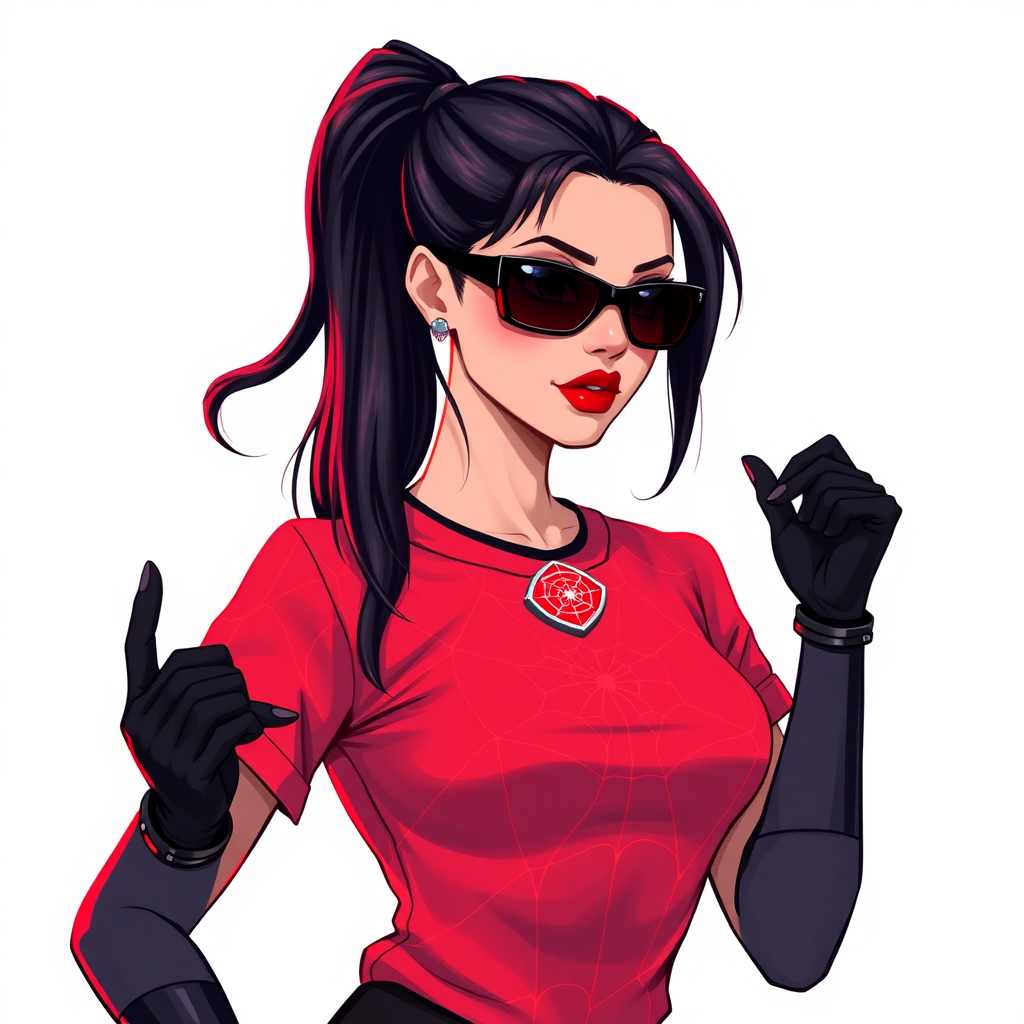 A 26-year-old mystical corporate hero hunter with a sleek black ponytail, maximum red lipstick, dressed in a maximum red t-shirt adorned with intricate neon red web patterns, equipped with black gloves, and wearing black-lensed shades and a mystical glowing red gemstone amulet featuring an intricate web design, posing flirtatiously against a solid white background. She is drawn as if she was in a retro 2D cyberpunk fighting game.